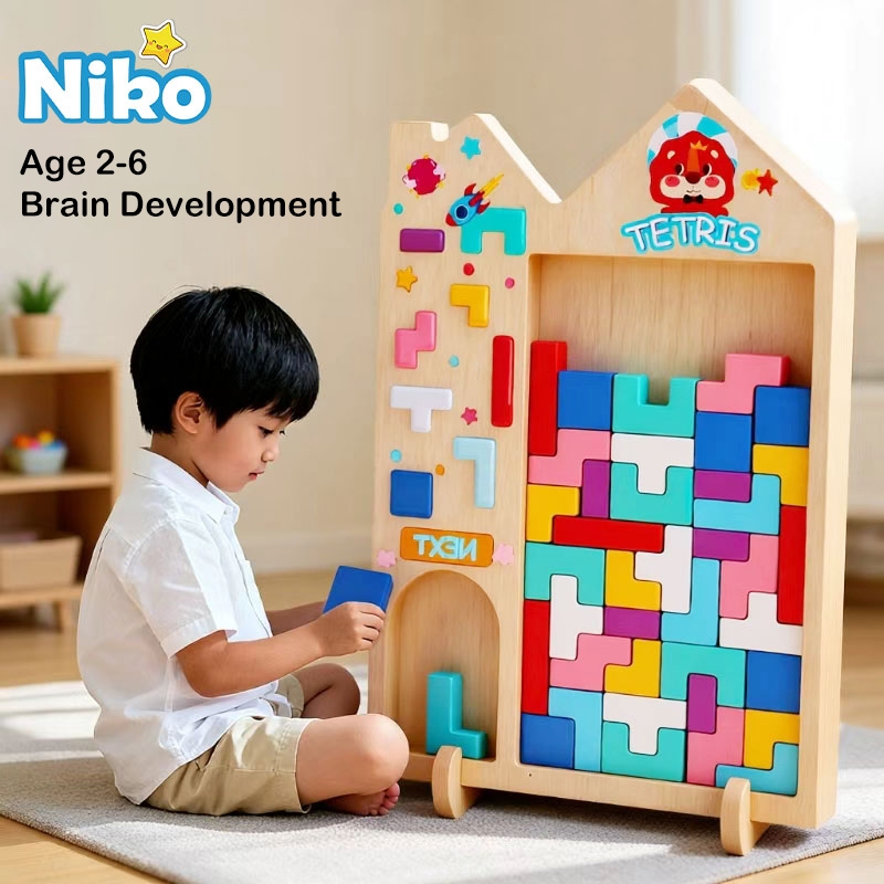 NIKO BABYของเล่นไม้บล็อกอาคาร  Tetris ของเล่นไม้ปริศนาเพื่อการศึกษาเบื้องต้นสำหรับเด็กผู้ชายและเด็กผู้หญิง