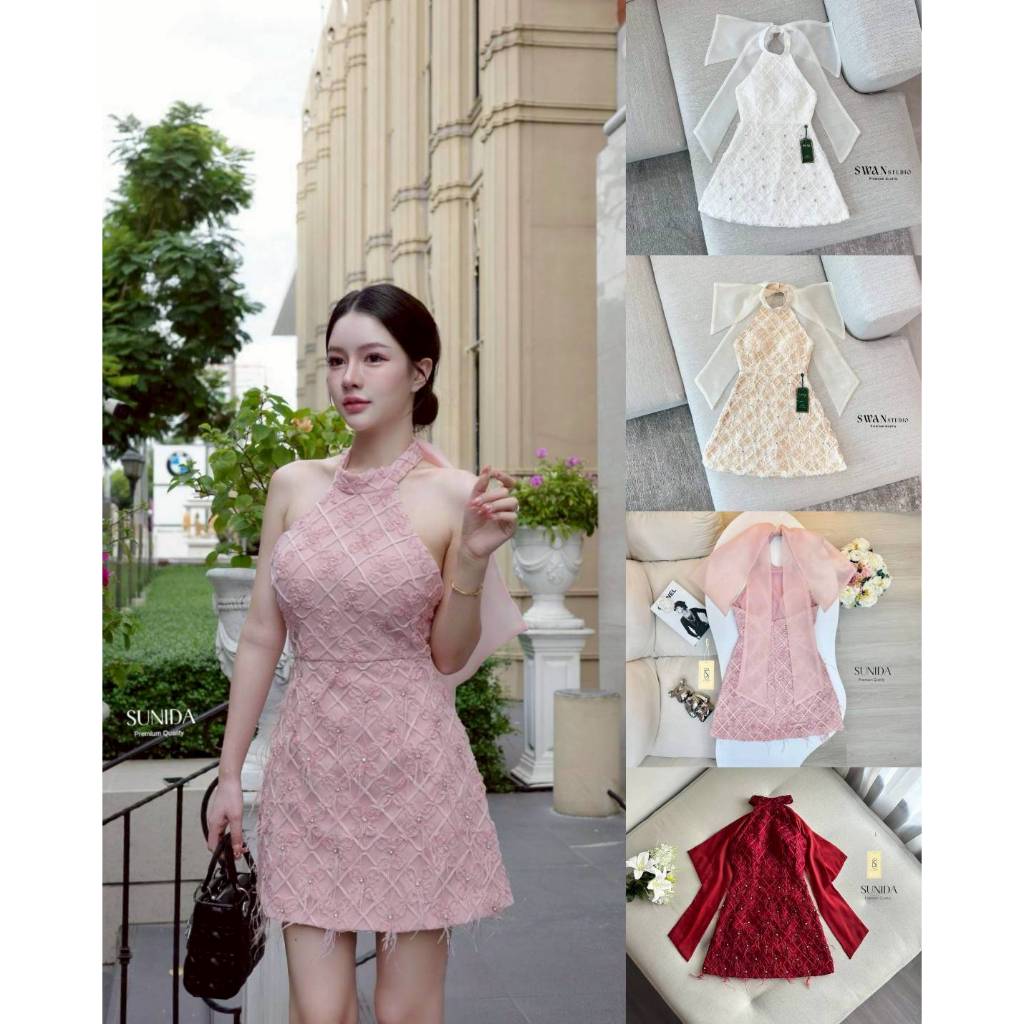 Swan เดรสลูกไม้3D  แต่งขนนก แต่งโบว์ด้านหลัง