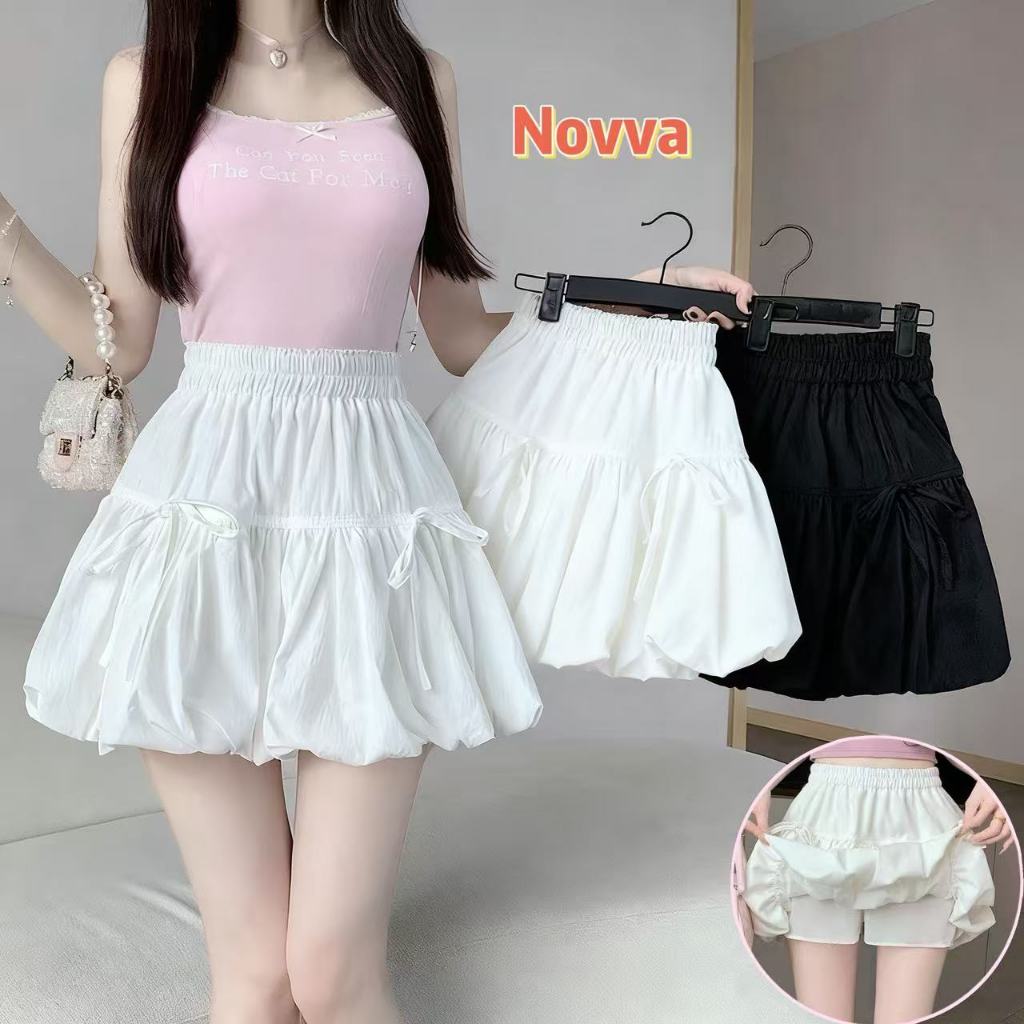 ส่งจากไทยทุกวัน แต่งระบาย มีซับในกางเกง กระโปรงสั้นทรงบอลลูน ดีเทลติดโบว์🎀Novva