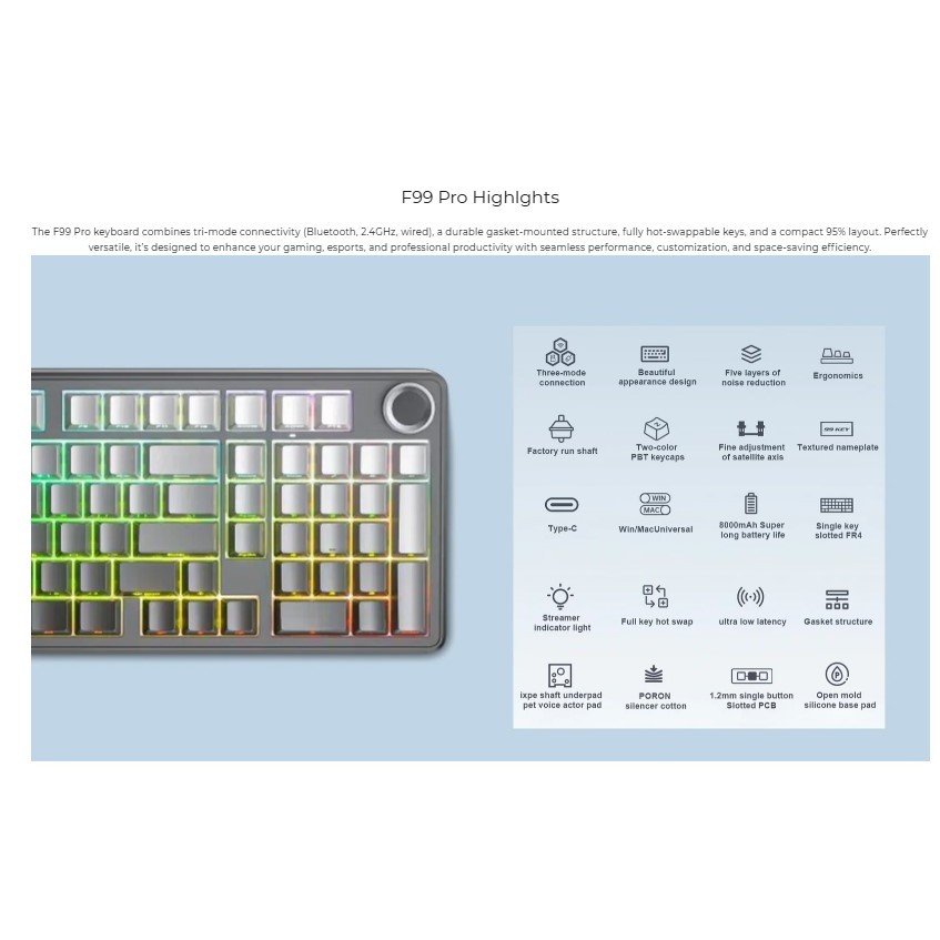 [it gaming_shop2] AULA F99PRO TRI-MODE RGB GASKET MECHANICAL KEYBOARD | คีย์ไทย | รับประกัน 2 ปี - รูปที่ 3