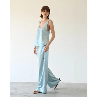 Patcha.co - IRIS Relaxed Satin Wide-Lig Pants in Mist Blue and Ivory กางเกงขายาวผ้าซาติน - PCCB037