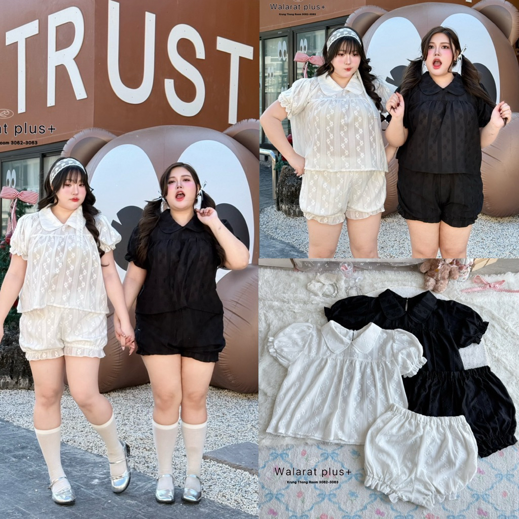 Camellia set เซ็ตเสื้อแขนตุ๊กตา+กางเกงจั้มขา ผ้าปักลายดอกไม้ น่ารัก หวานๆ ลูกคุณ เสื้อผ้าสาวอวบอ้วน ไซส์ใหญ่