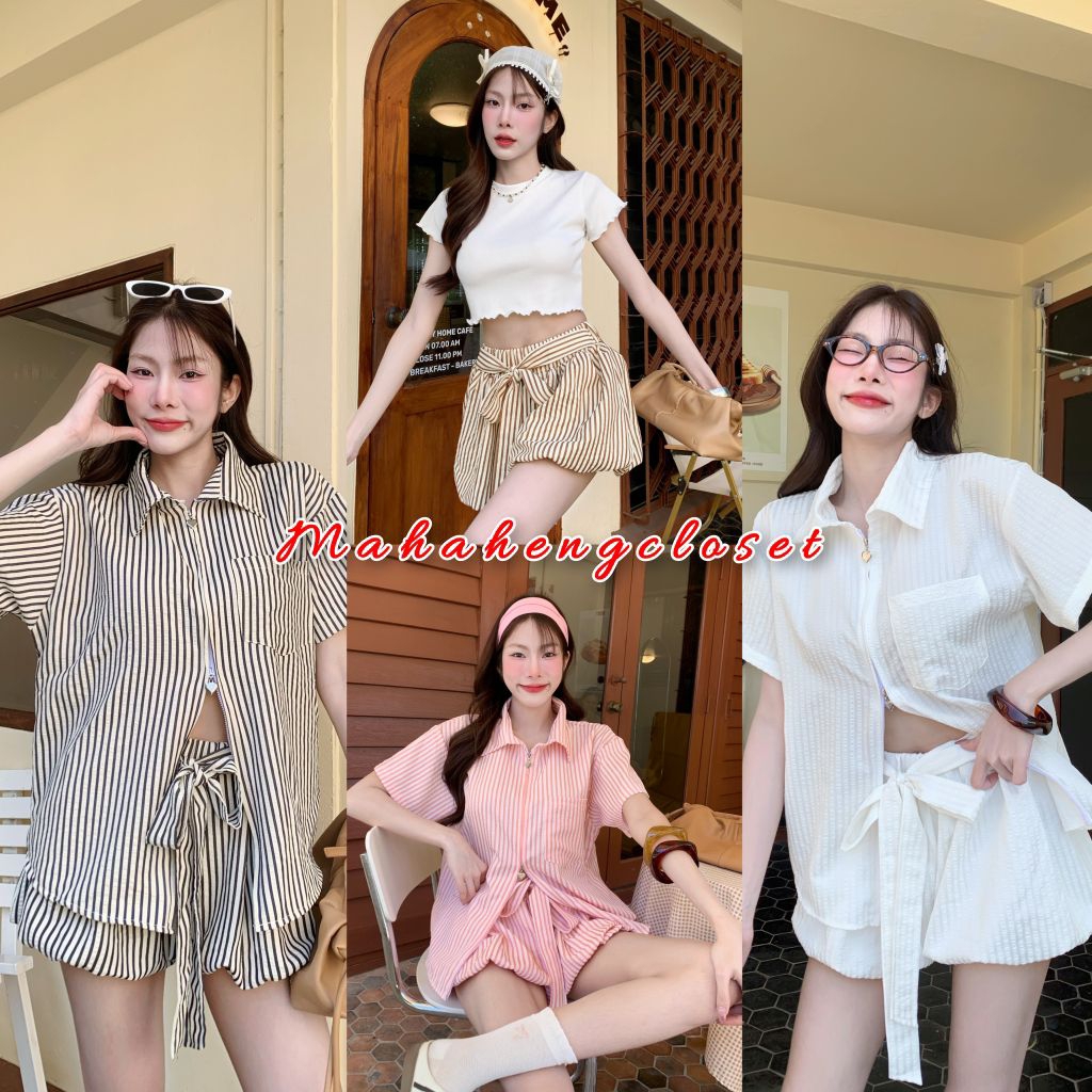 💰MahahengCloset💰กางเกงทรงบอลลูน ผูกโบว์ ลายริ้วทรงพอง ลุคน่ารักๆแบบเกิร์ลลี่สุดๆ💕