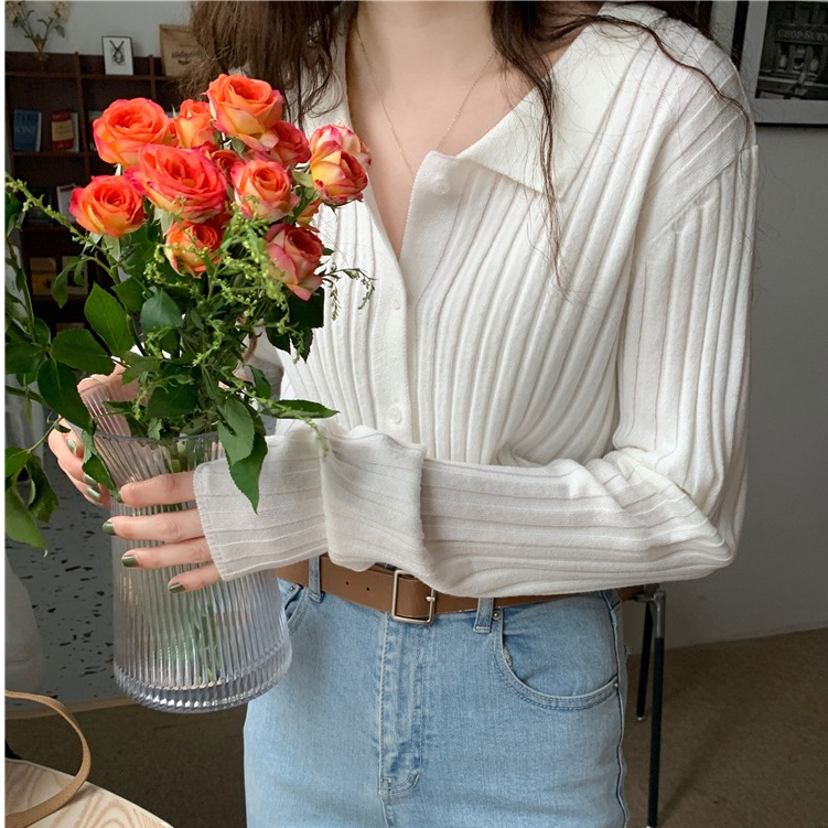 (เเถมฟรีสร้อย )เสื้อเเขนยาวคาดิเเกนรุ่น Mai คอปก เเด่งกระดุมมี 6 สี ดำ ขาว โอรส เทา น้ำตาล ฟ้า สีเอริ์ทโทน สวมใส่สบาย