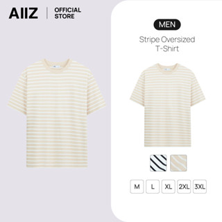 AIIZ เสื้อยืดคอกลมแขนสั้นผู้ชายทรงหลวมลายทาง สไตล์คลาสสิค