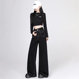 S-5XL กางเกงยีนส์ผู้หญิงเอวสูงสีดำทรงตรง ใส่สบายแบบลำลอง มีทุกไซส์
