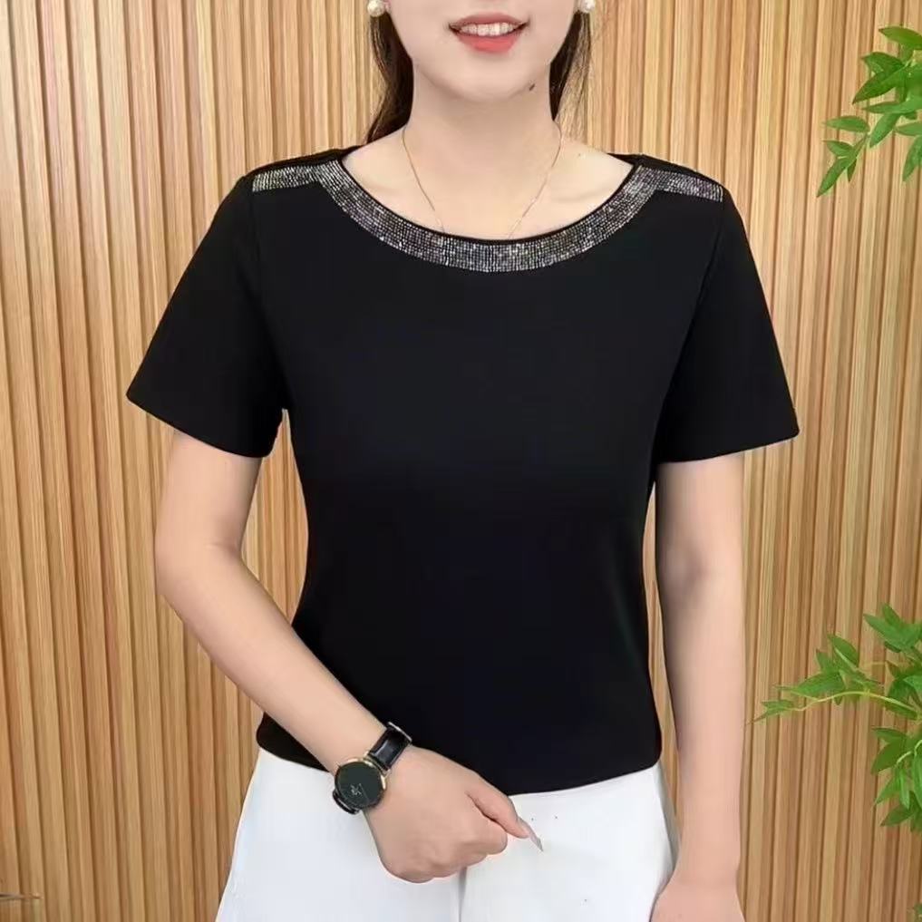 แบรนด์เสื้อที-เชือกผู้หญิงแบบป่าชั้นใหม่ เสื้อคลุมคอแค้ม โรงเรียน แผ่นผ้าโล่ง สร้างรูปร่างบาง เหมาะสำหรับผู้หญิงกลางวัย