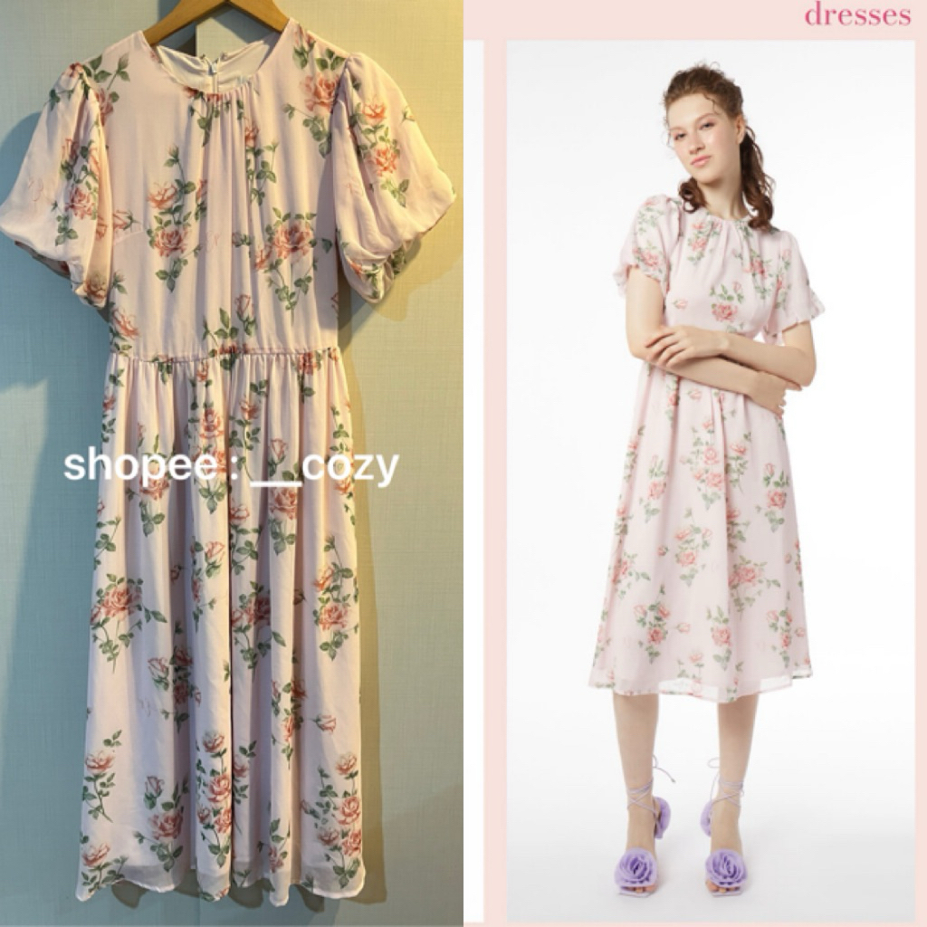 Ep Fashion (2nd) S ชุดออกงาน เดรสชีฟอง พิมพ์ลายดอกไม้ สีชมพู