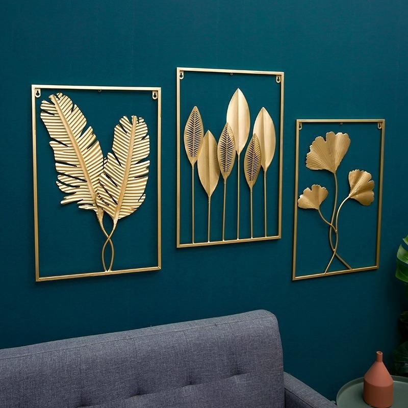 ของตกแต่งผนังใบไม้โลหะ ของตกแต่งผนังโลหะ 40x60 ซม. กรอบรูป 3 มิติ ตกแต่งผนัง