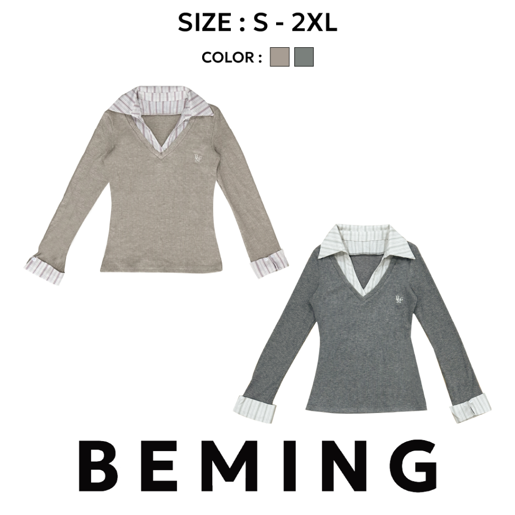 Bemingtop1092(S-2XL)-BMG Layered Top - เสื้อแขนยาวดีไซน์ 2 เลเยอร์ ดีเทลโลโก้ BMG ที่อก