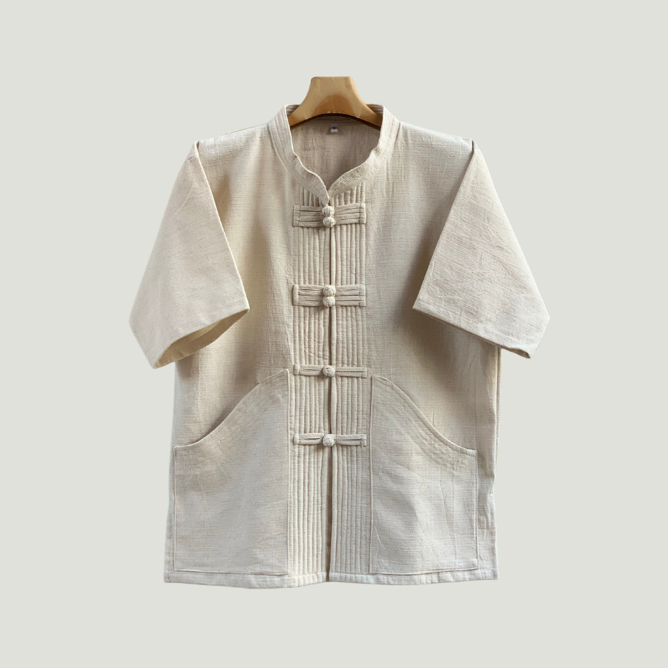 เสื้อผ้าฝ้ายคอจีน ไทเขินแขนสั้นกระดุมจีน สไตล์ล้านนา ทรงตรงสวมใส่สบายเนื้อนุ่มมือ ใส่ทำงานดูเรียบร้อยดูดีทุกมุมมอง