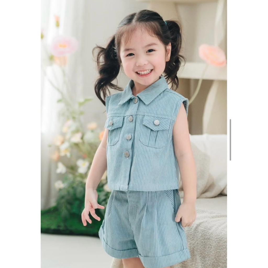 ชุดเด็ก Brooklyn And Brighton  Stripe Denim Top & Shorts (ซื้อมาไม่เคยใส่) 18-24 M