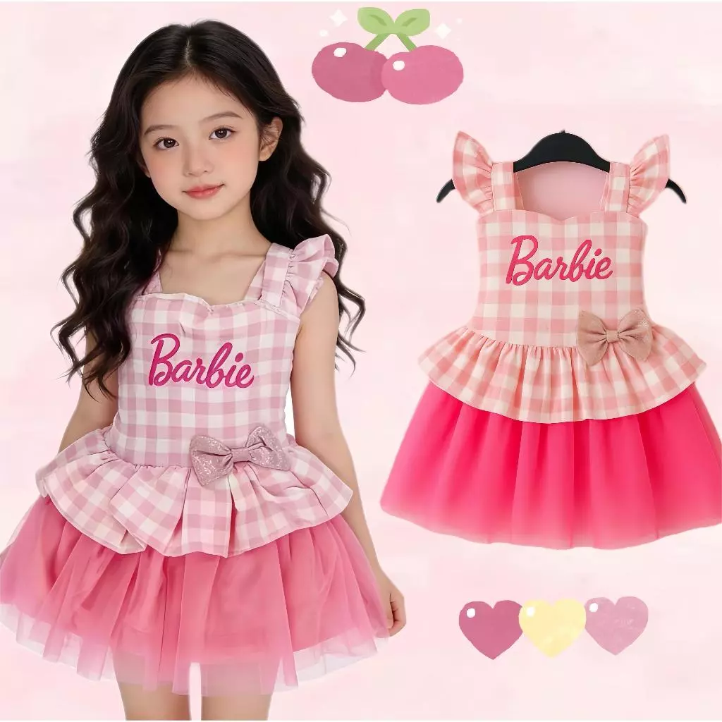 BB172 เดรสเด็กหญิงสไตล์เจ้าหญิง สีชมพูลายสก็อต กระโปรงฟูทูลล์ โบว์เอว น่ารักหวาน เสื้อผ้าเด็ก