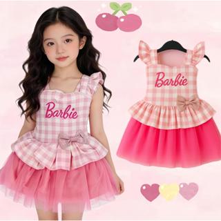 BB172 เดรสเด็กหญิงสไตล์เจ้าหญิง สีชมพูลายสก็อต กระโปรงฟูทูลล…