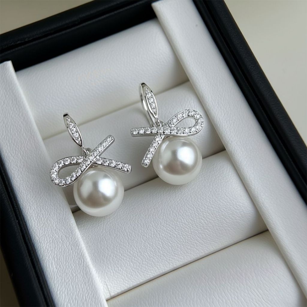 ESCOBAL ต่างหูไข่มุก Pearl Bow ต่างหูไข่มุก ต่างหูเงินแท้ฝังเพขร ตุ้มหูไข่มุกขาว Valentine ของขวัญ ราคา ถูกที่สุด ดีลบีเคเค แกลเลอรีภาพที่ 9