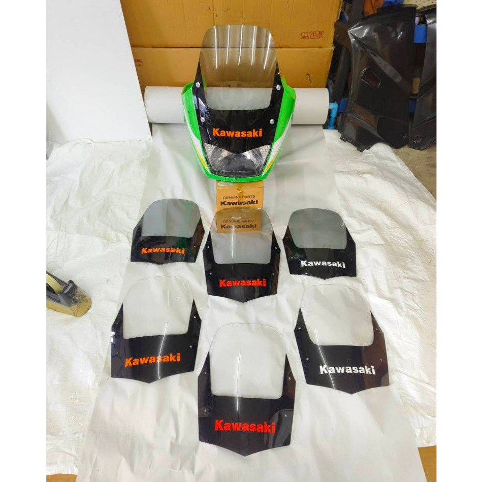 Kawasaki E-10 บังไมล์,ชิวหน้า เคอา KR -150 รุ่นE-10 งานอะคริลิคสวยงาม แบบสโมคดำ/ใส (สติกเกอร์คาดหน้ามี3สี)*งานอัพเดตใหม*