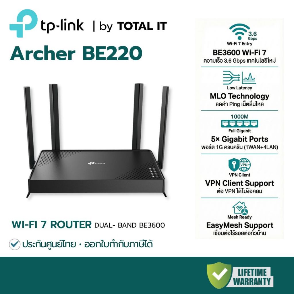 TP-Link Archer BE220 Router WiFi 7 BE3600 Dual-Band | 5 พอร์ต Gigabit | รองรับ MLO | VPN Client