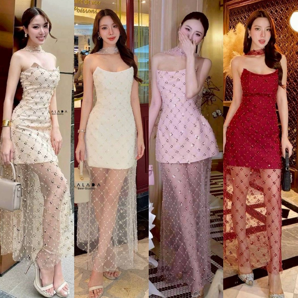 🚩ร้านโค้ดคุ้ม🚩 LALADA เดรสสีชมพู ปักเลื่อมวิบวับ ใส่ออกงาน ดินเนอร์ ปาร์ตี้ งานแต่ง