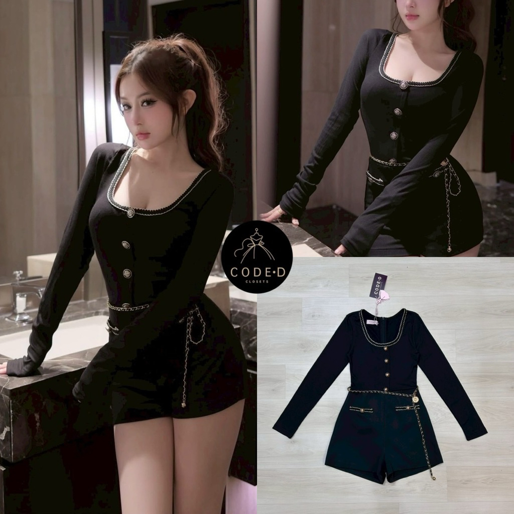 CODE-D CLOSETS จั้มสูทขาสั้นแขนยาวซีทรูสีดำ คอยู ผ้าร่องนิ่มยืด ช่วงคอแต่งเป็นเปียและติดอ่ะไหล่