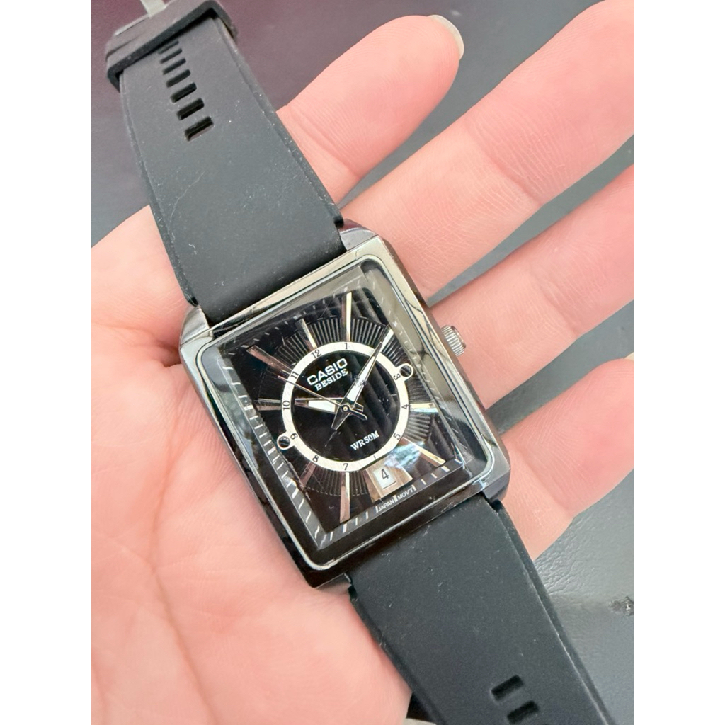 CASIO BESIDE BEM-120 WR 50m สี่เหลี่ยม รมดำ ของแท้ มือสอง