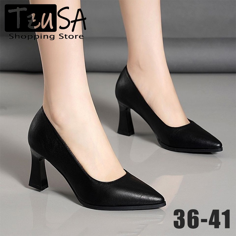 TZUSA รองเท้าหนังแหลมหนังนุ่ม รองเท้าส้นสูงสีดำ 7CM ขนาด 36-41