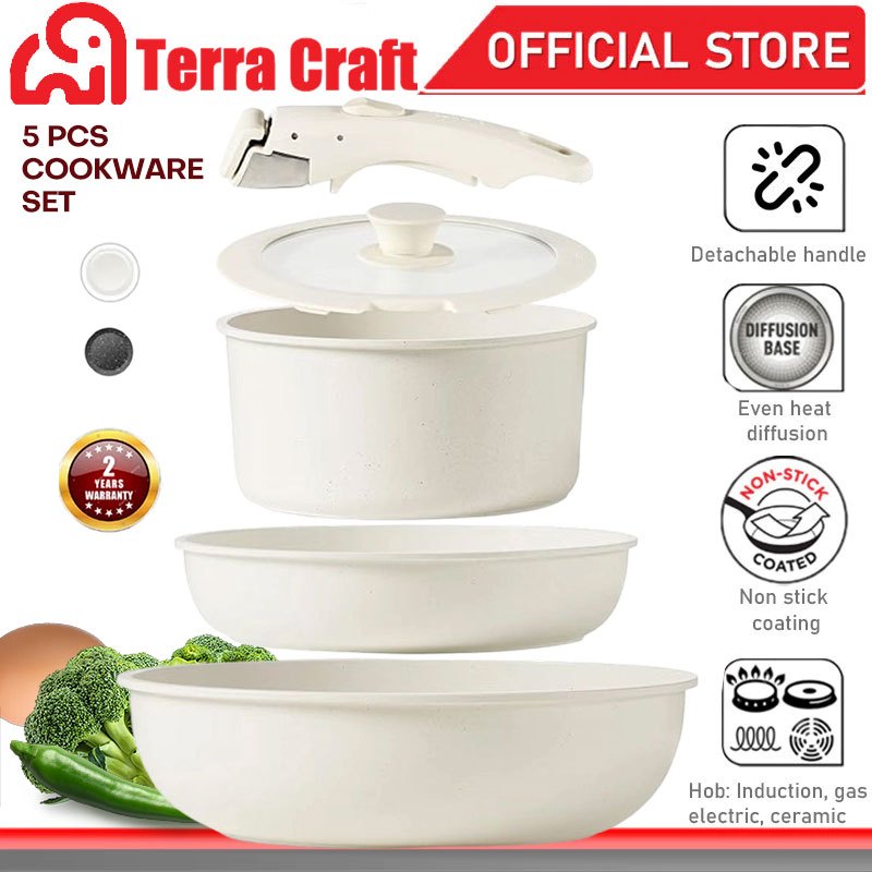 Terra Craft ชุดเครื่องครัวเซรามิคปลอดสารพิษ พร้อมกระทะถอดออกได้สําหรับเตาแก๊สเตาไฟฟ้าและเตาแม่เหล็กไฟฟ้าทุกรุ่น 5ชิ้น