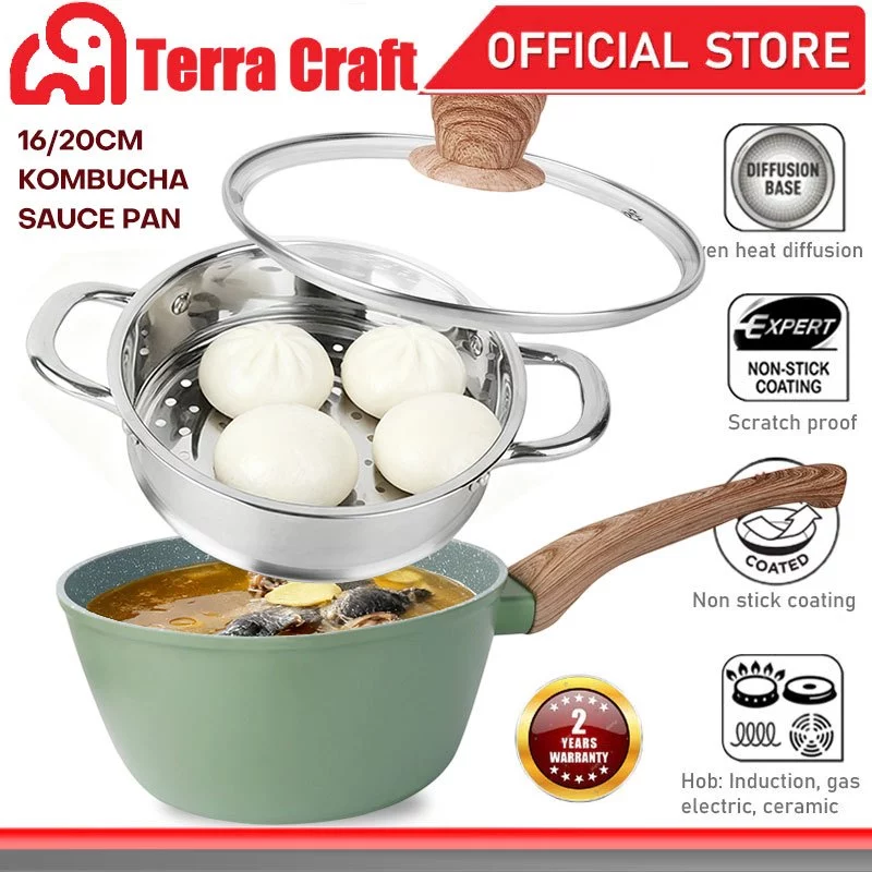 Terra Craft หม้อนมไม่ติด พร้อมฝาปิด และ สแตนเลส เรือกลไฟ ปลอด PFOA สำหรับการทำอาหารที่หลากหลาย16/20cm