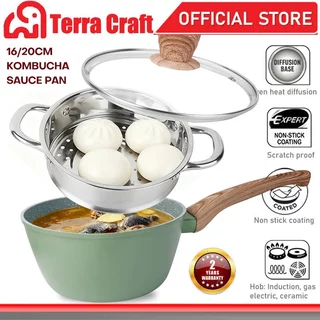 Terra Craft หม้อนมไม่ติด พร้อมฝาปิด และ สแตนเลส เรือกลไฟ ปลอด PFOA สำหรับการทำอาหารที่หลากหลาย16/20cm