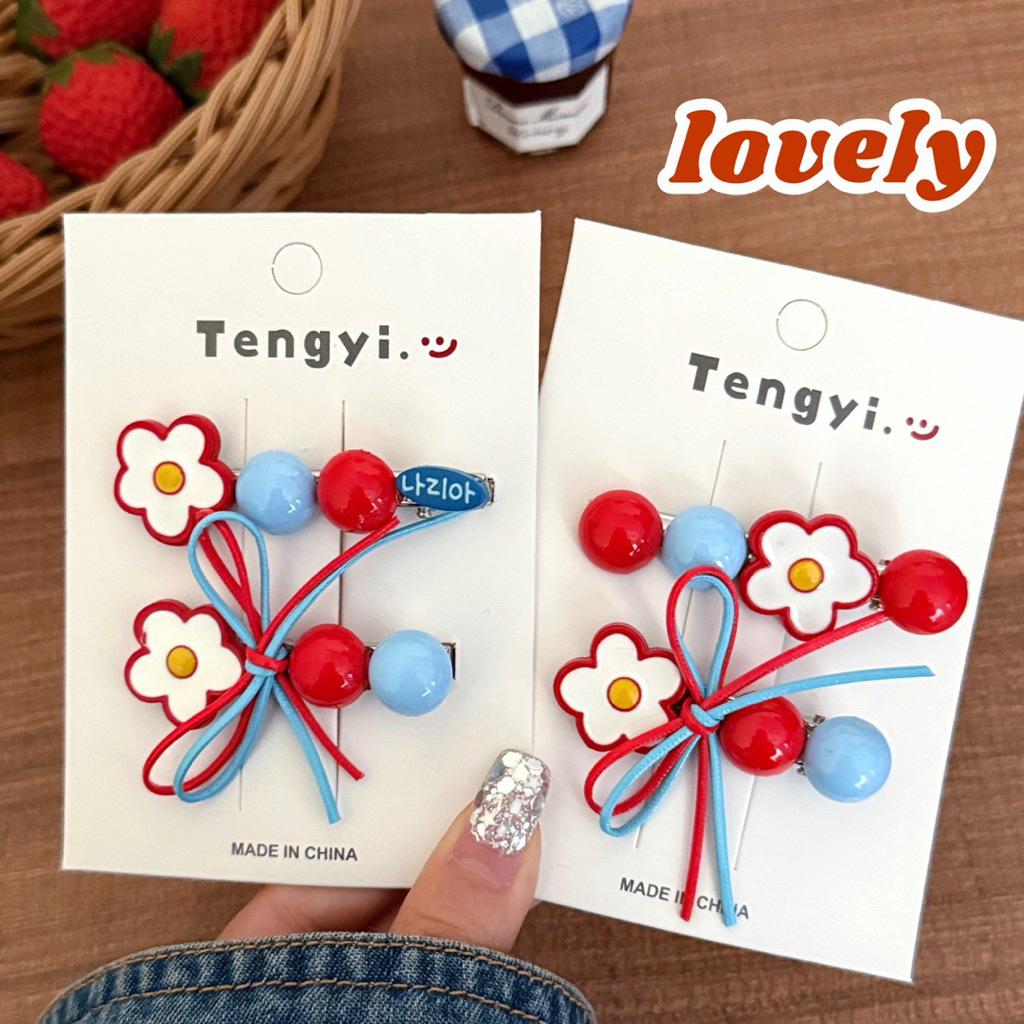 Cute 454 กิ๊บติดผม กิ๊บหนีบผม ลายดอกไม้แดงฟ้า 2 ชิ้น / แพ็ค