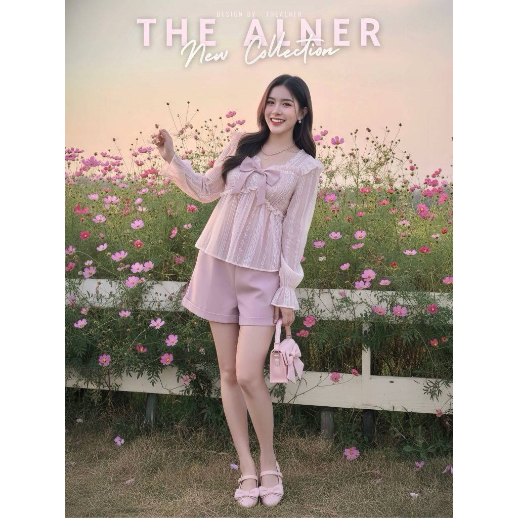 Thealner-AN824 (เซตเสื้อชมพูแขนยาวแต่งโบว์กางเกงขาสั้น) - รูปที่ 2
