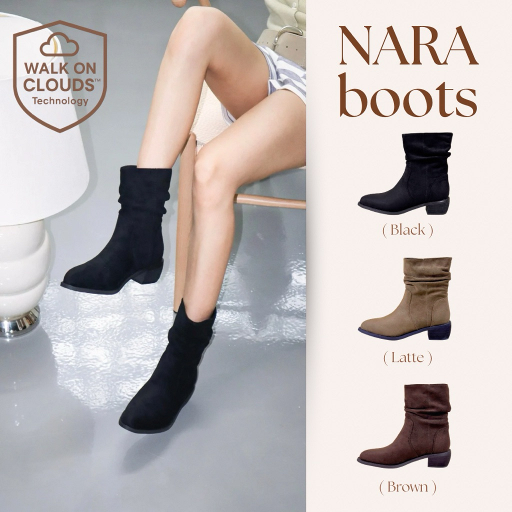 Nara Boots รองเท้าบูทดีไซน์หนังกลับ โดดเด่นด้วยดีไซน์พิเศษ ให้ลุคทันสมัยและมีสไตล์ ใส่สบาย มี3สี พื้นนุ่มลดปวดเมื่อย