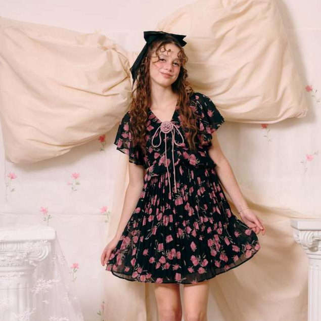 La Mignonne (XS-3XL) Anastasia Chloe Dress เดรสใส่เที่ยว ผ้าชีฟองญี่ปุ่นปริ้นลาย ช่วงอกแต่งระบาย ช่ว