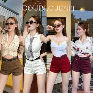 Double - DBDD01 กางเกงยีนส์ขาสั้นเอวสูง ดีเทลขอบพับผ้าสี S - 4XL