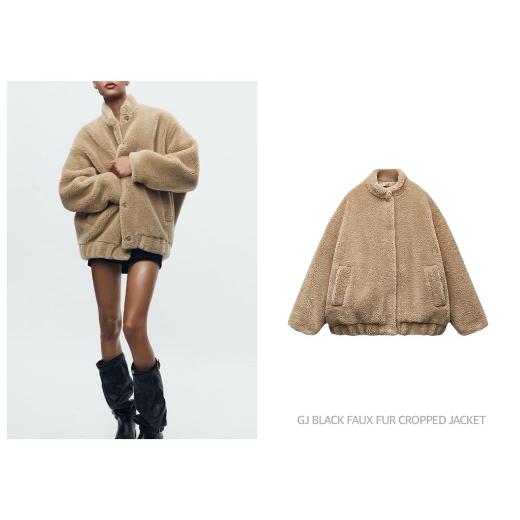 GJ BLACK แจ็คเก็ตขนเฟอร์ ทรงครอป คอสูง FAUX FUR CROPPED JACKET (C077)