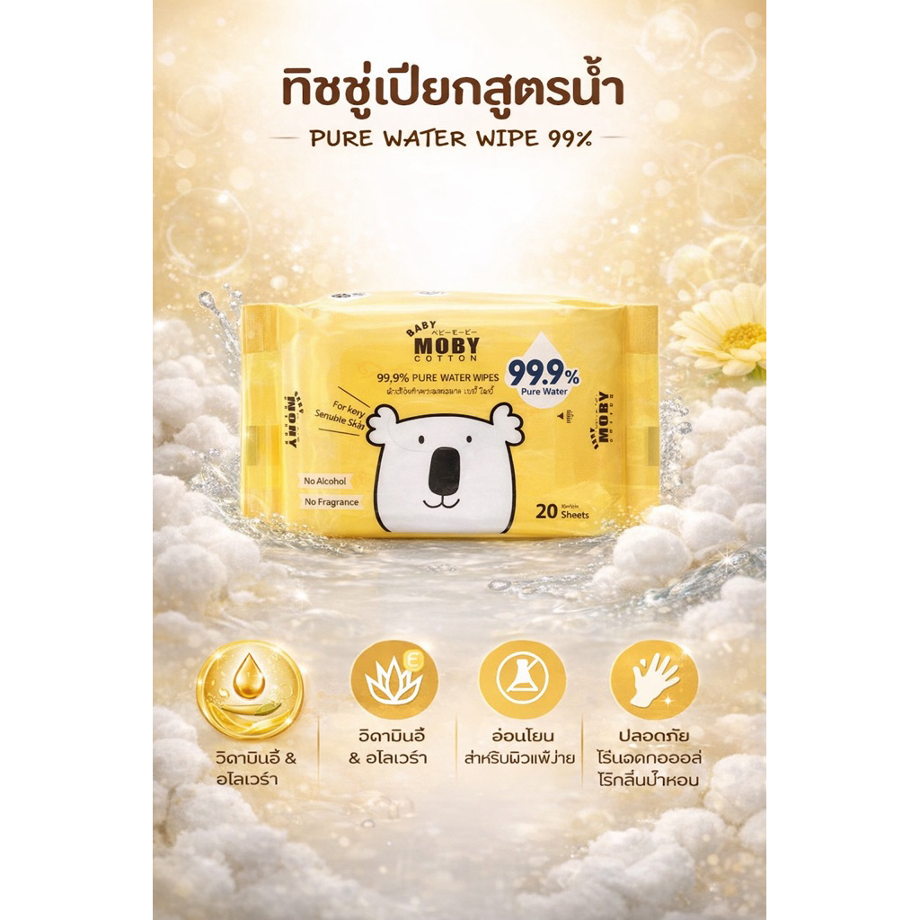 MOBY (โมบี้) PURE WATER WIPE ทิชชู่เปียกสูตรน้ำ 99.9% 1 ห่อ 20 แผ่น
