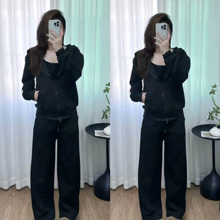 ชุดเซ็ท ปั้มนูนแจ็คเก็ตมีฮู้ด แขนยาวขายาว[ผ้าทอปั้มนูน ลายอังกฤษฟรีไซส์]