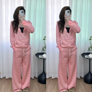 ชุดเซ็ท ปั้มนูนแจ็คเก็ตมีฮู้ด แขนยาวขายาว[ผ้าทอปั้มนูน ลายอังกฤษฟรีไซส์]