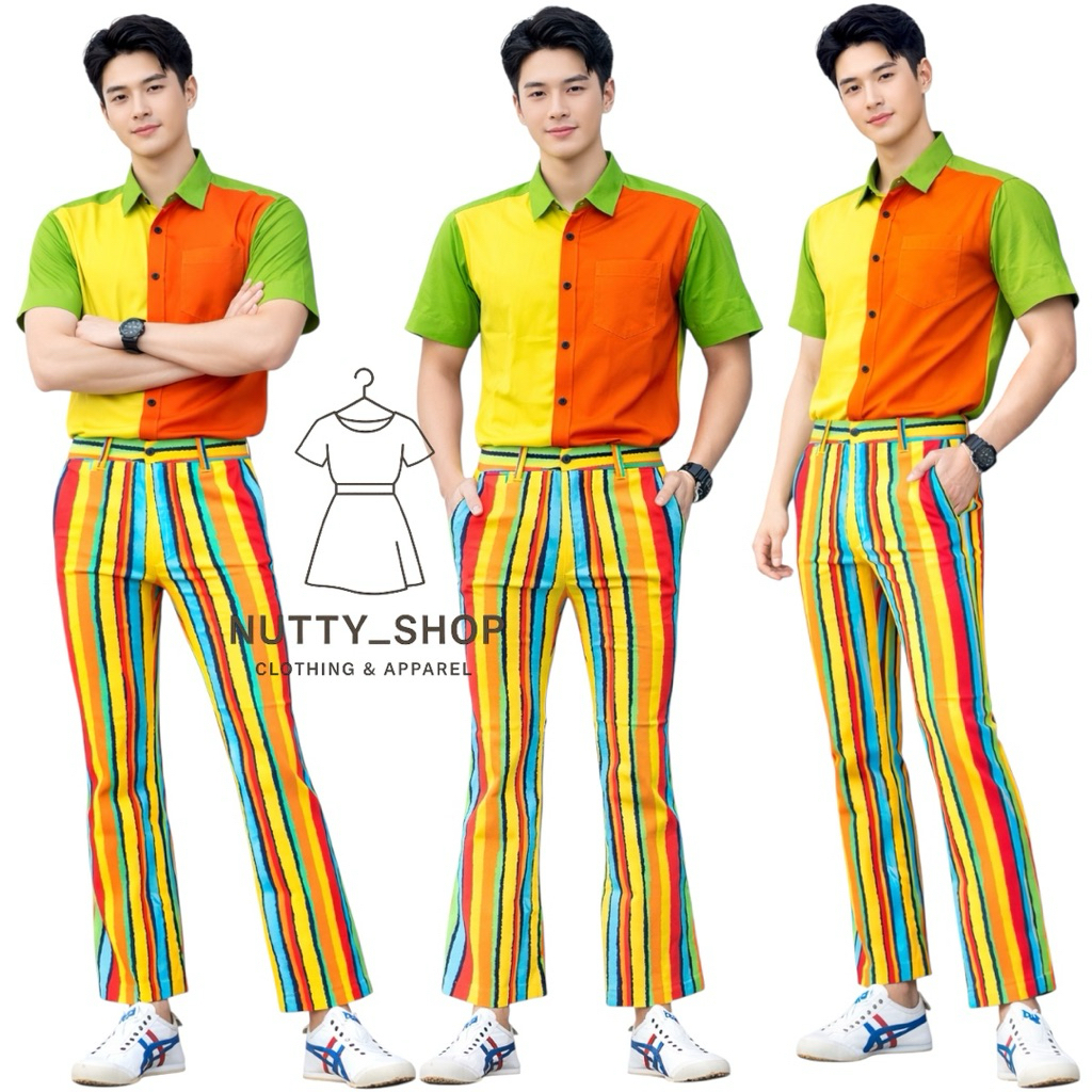 กางเกงขาม้าผ้ายืดเเนววินเทจลายสายรุ้ง39”