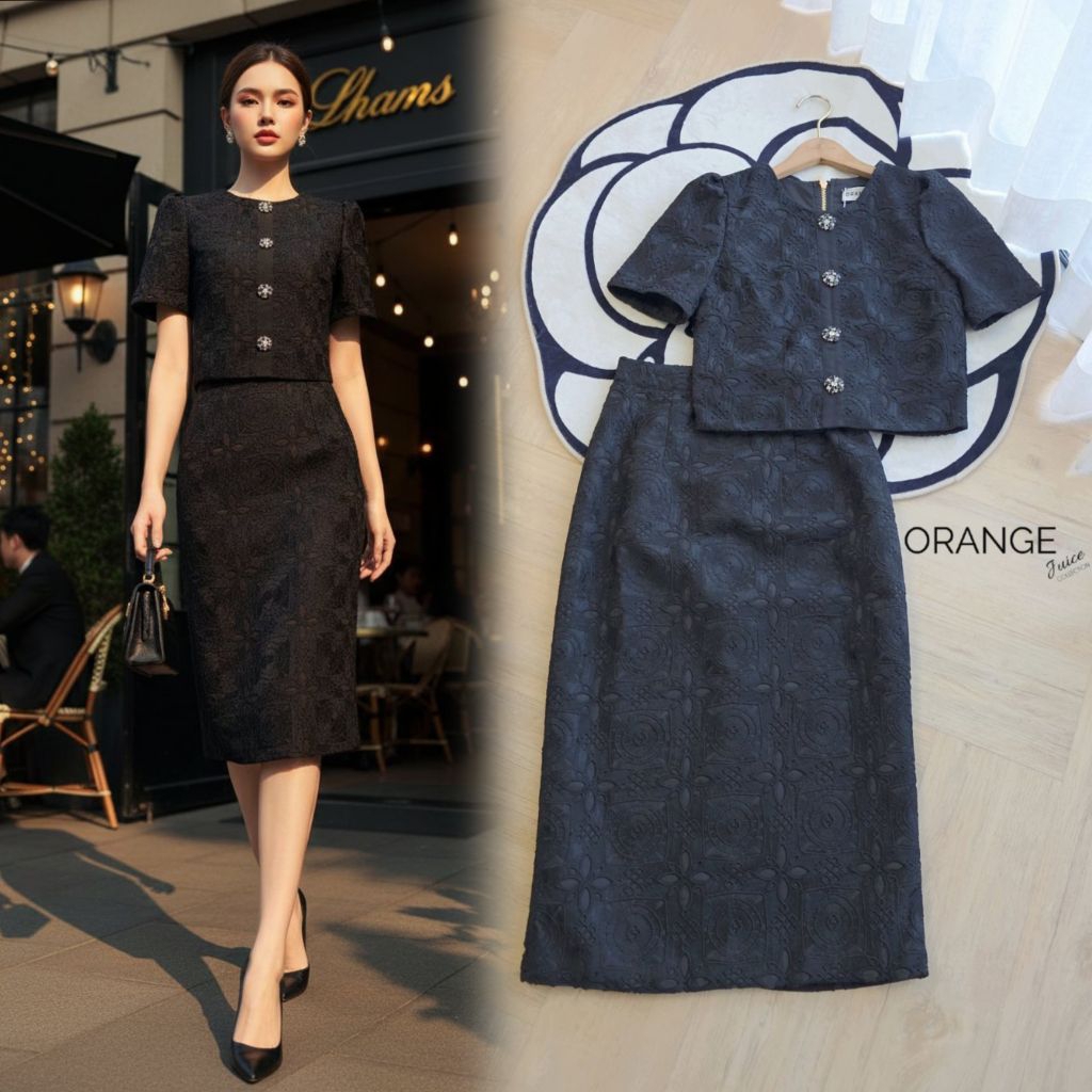 ครบไซซ์ S-5XL❗ชุดเซ็ตสีดำออกงาน!!! Set2ชิ้น ชุดสาวอวบ,เสื้อสีดำแขนสั้น+กระโปรงทรงสอบผ้าลูกไม้ทอลาย งานป้าย Orange Juice