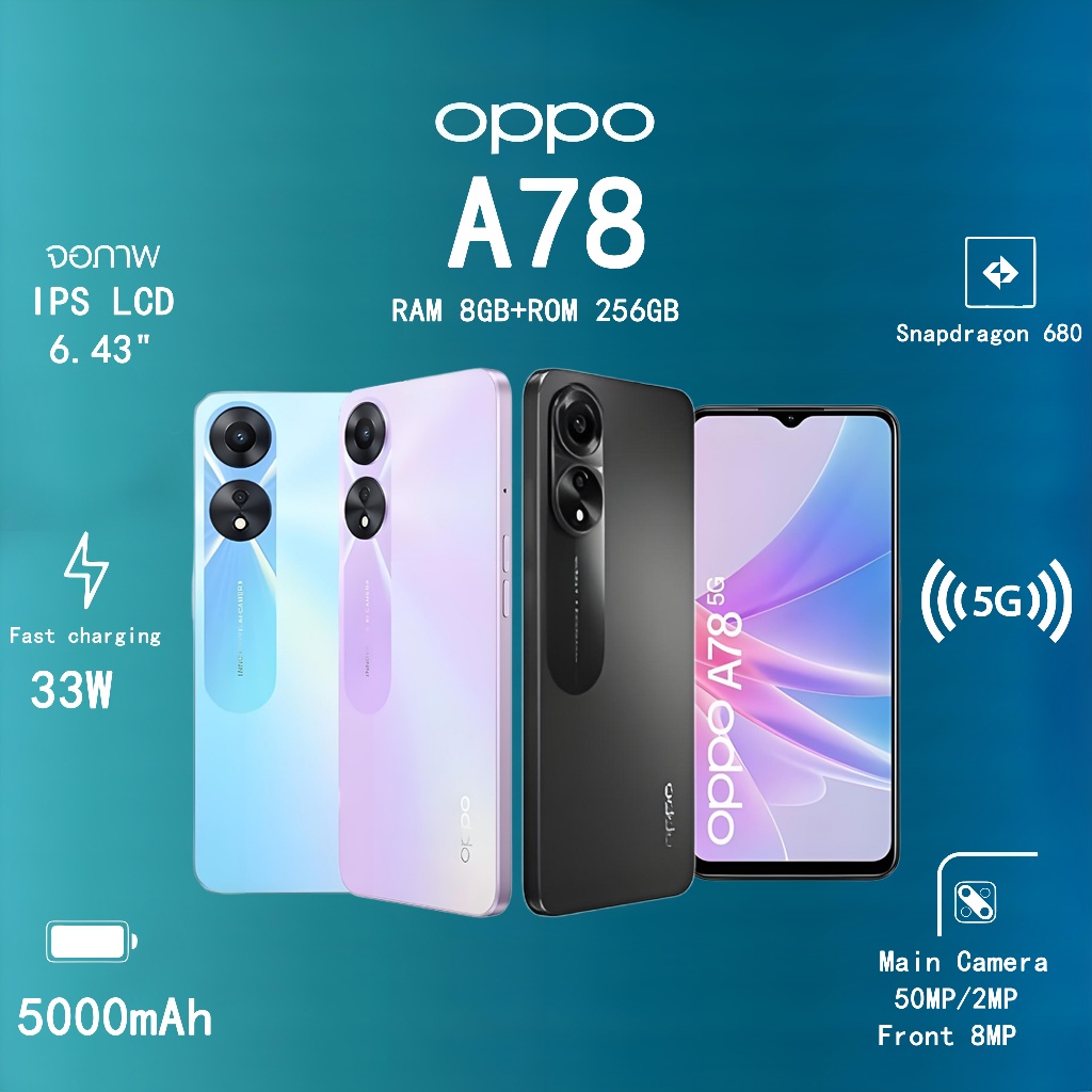 OPPO สมาร์ทโฟน A78 5G  8GB+256GB Android12 5,000 mAh ความจุแบตเตอรี่ 6.43 นิ้ว 50 MP+2MP กล้องด้านหล