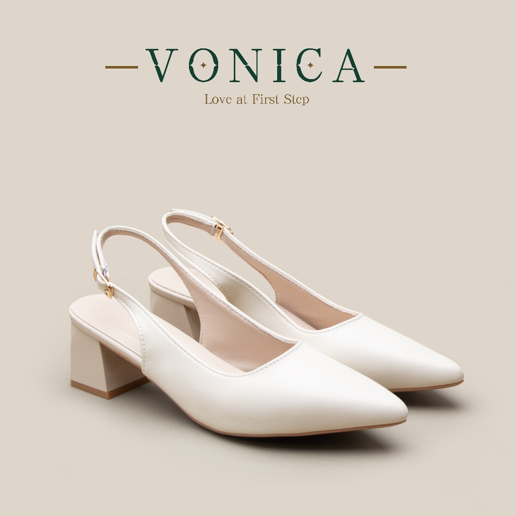 VONICA รองเท้าแตะสตรี หัวแหลม หลังเปิด ส้นบล็อค ทำงานได้ แต่งงานก็ใส่ได้ ลุคเกาหลี