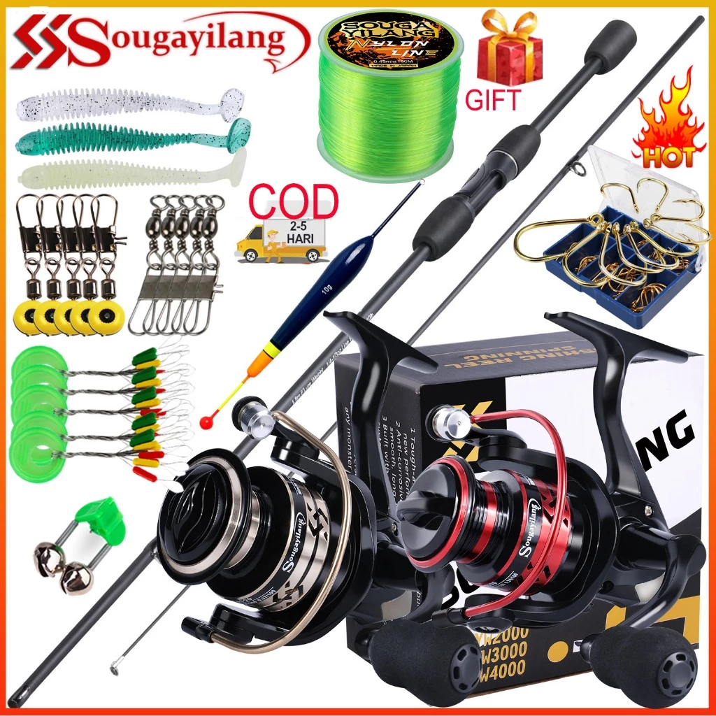 Sougayilang ชุดตกปลาเต็มเซ็ต คาร์บอนไฟเบอร์ 1.8 ม. พร้อมรอกสปินนิ่งโลหะ 5.2:1 ขนาด 1000-4000 + เส้นตกปลา + ลูร์