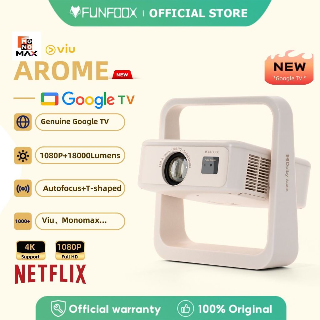 FUNFOOX AROME โปรเจคเตอร์สมาร์ท | ระบบ Google TV แอปแท้ 100% ปรับภาพอัตโนมัติสมบูรณ์ ดอลบี Atmos คมช