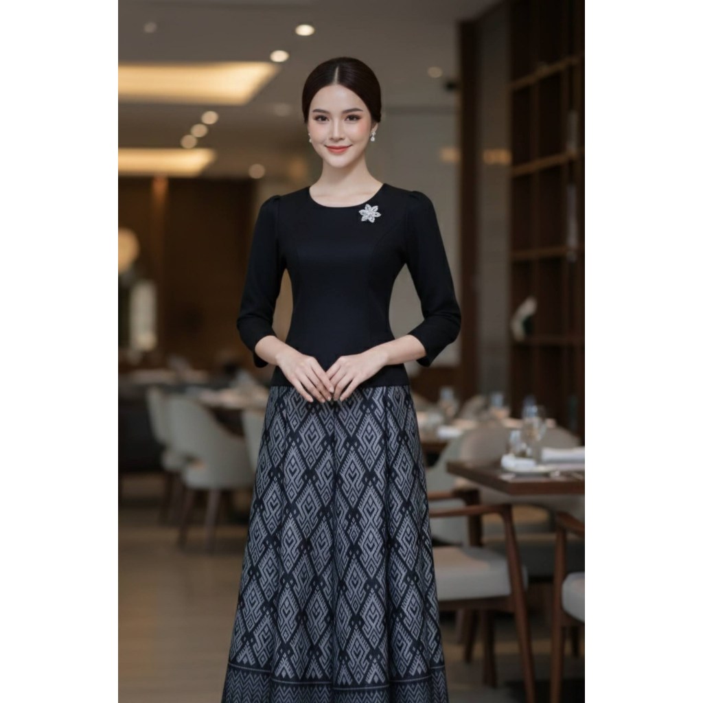เสื้อผ้าฝ้ายลินินคอกลมซิปหลังสีดำ (ป06)