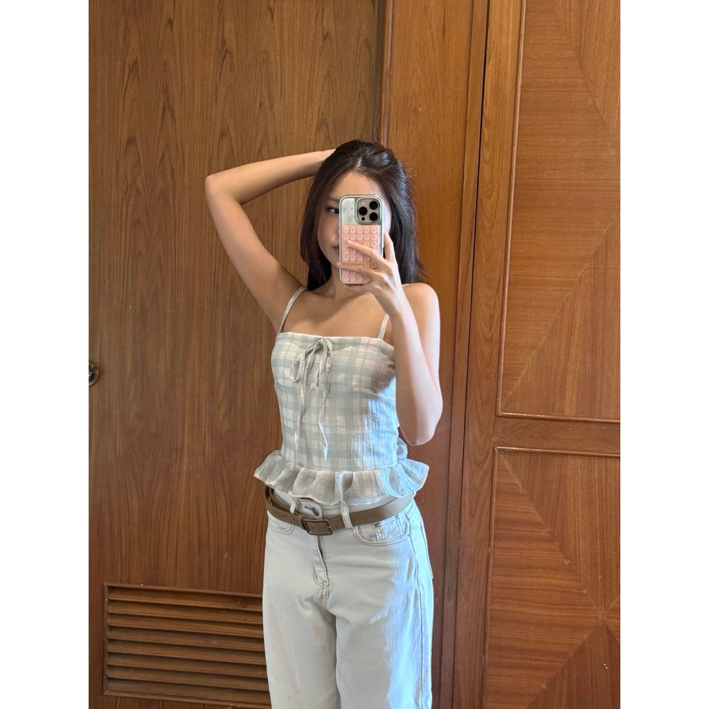 Romie & Rae - first plaid top เสื้อสายเดี่ยวลายสก็อต แต่งชายระบาย