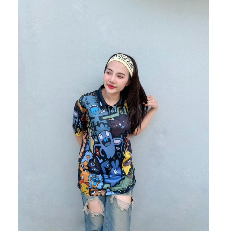 เสื้อกีฬา เสื้อกอล์ฟ ทรงUnisex ลายการ์ตูนพื้นดำ WJ-39แบรนด์WIN SPORT