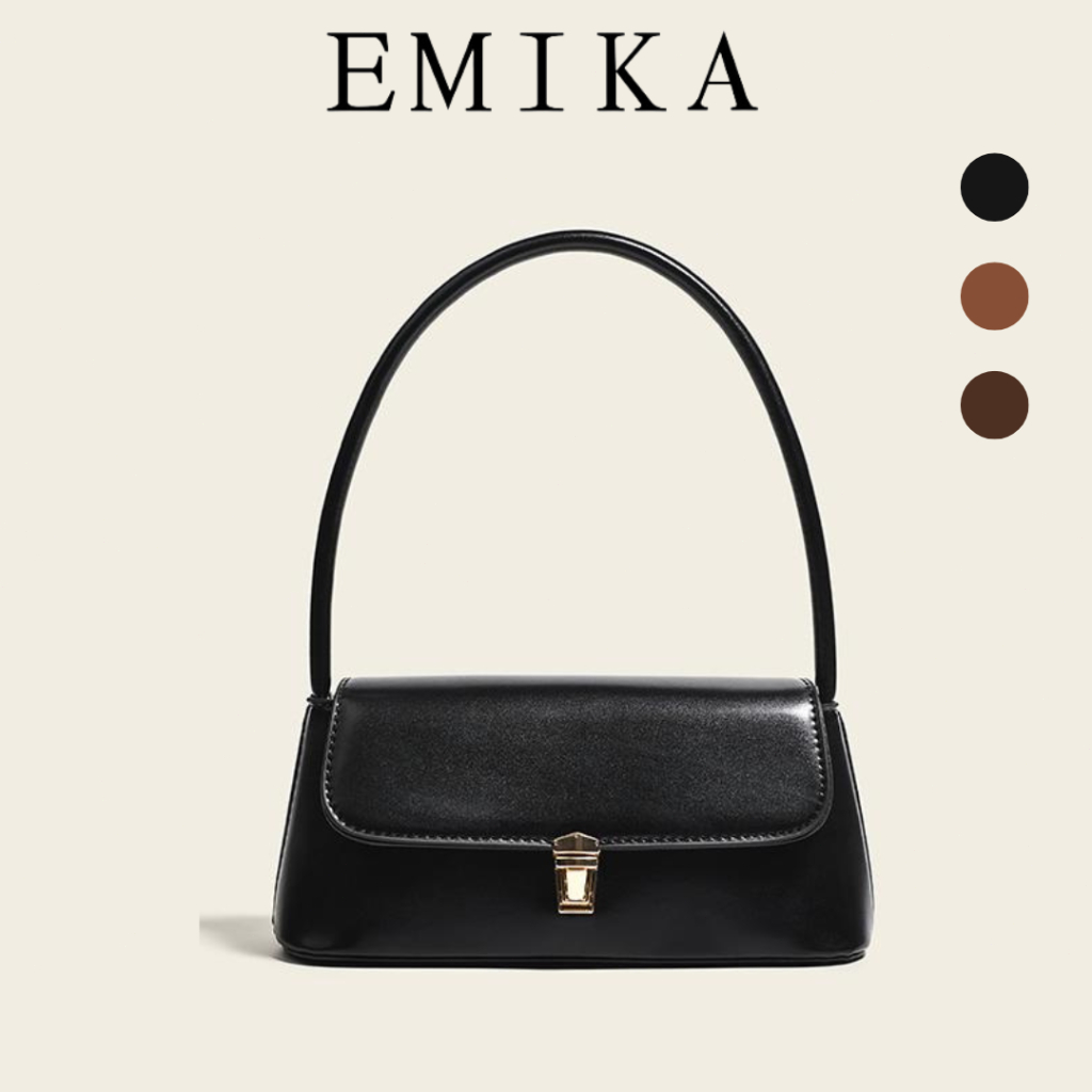 EMIKA กระเป๋าแบรนด์ฝรั่งเศสสุดชิค กระเป๋าสะพายข้างสไตล์แบเกตต์ หนังสังเคราะห์หรูๆ สีดำ-น้ำตาล ใส่ของเพียบ