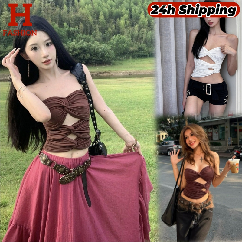 HOT พร้อมส่ง เสื้อเกาะอก ดีเทลผ้าหยนๆเว้าเอวเซ็กซี่ไม่ไหวเกาหลี FY2891