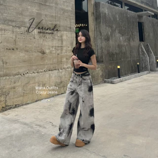 Wana.Outfits - Crazy Jeans กางเกงยีนส์ขากระบอกใหญ่ งานฟอกhandmade