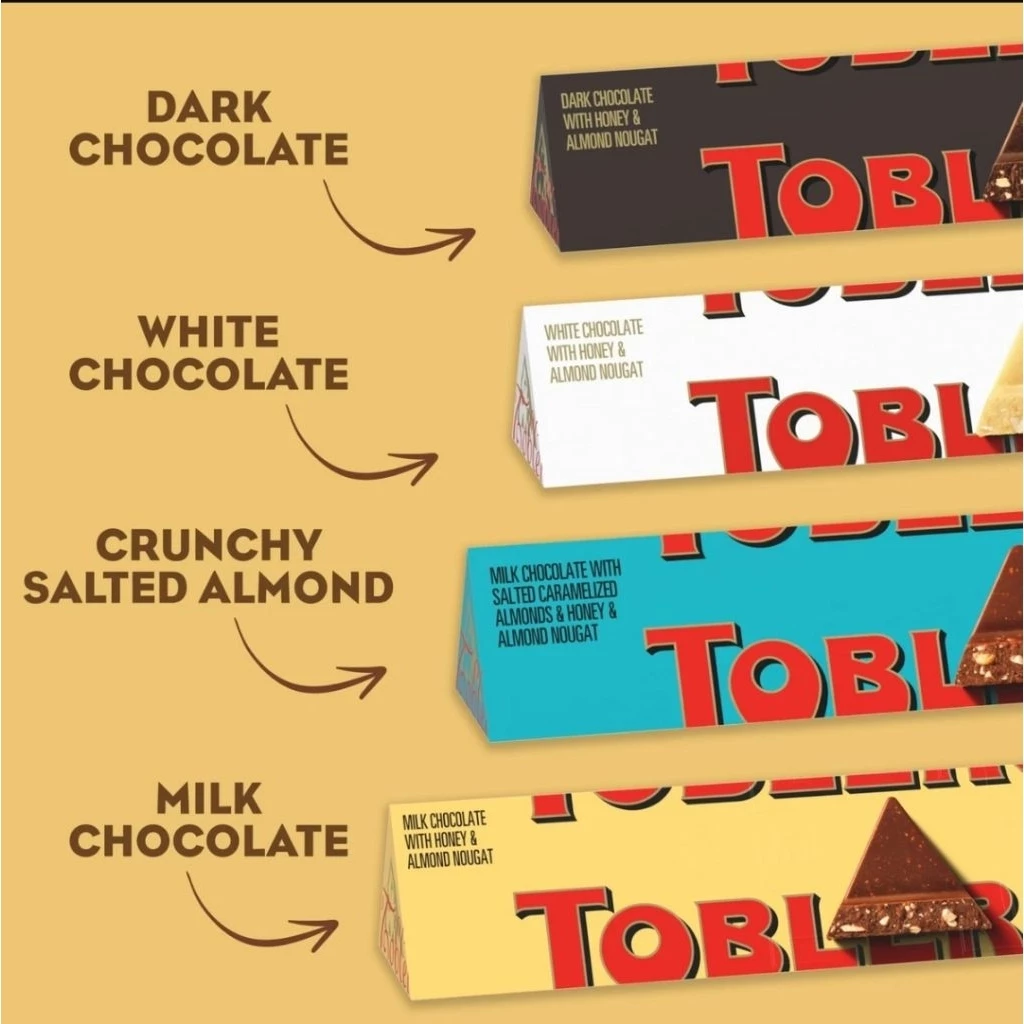 ช็อกโกแลตแท่ง Toblerone มีหลากหลายรสชาติและขนาด 100 กรัม